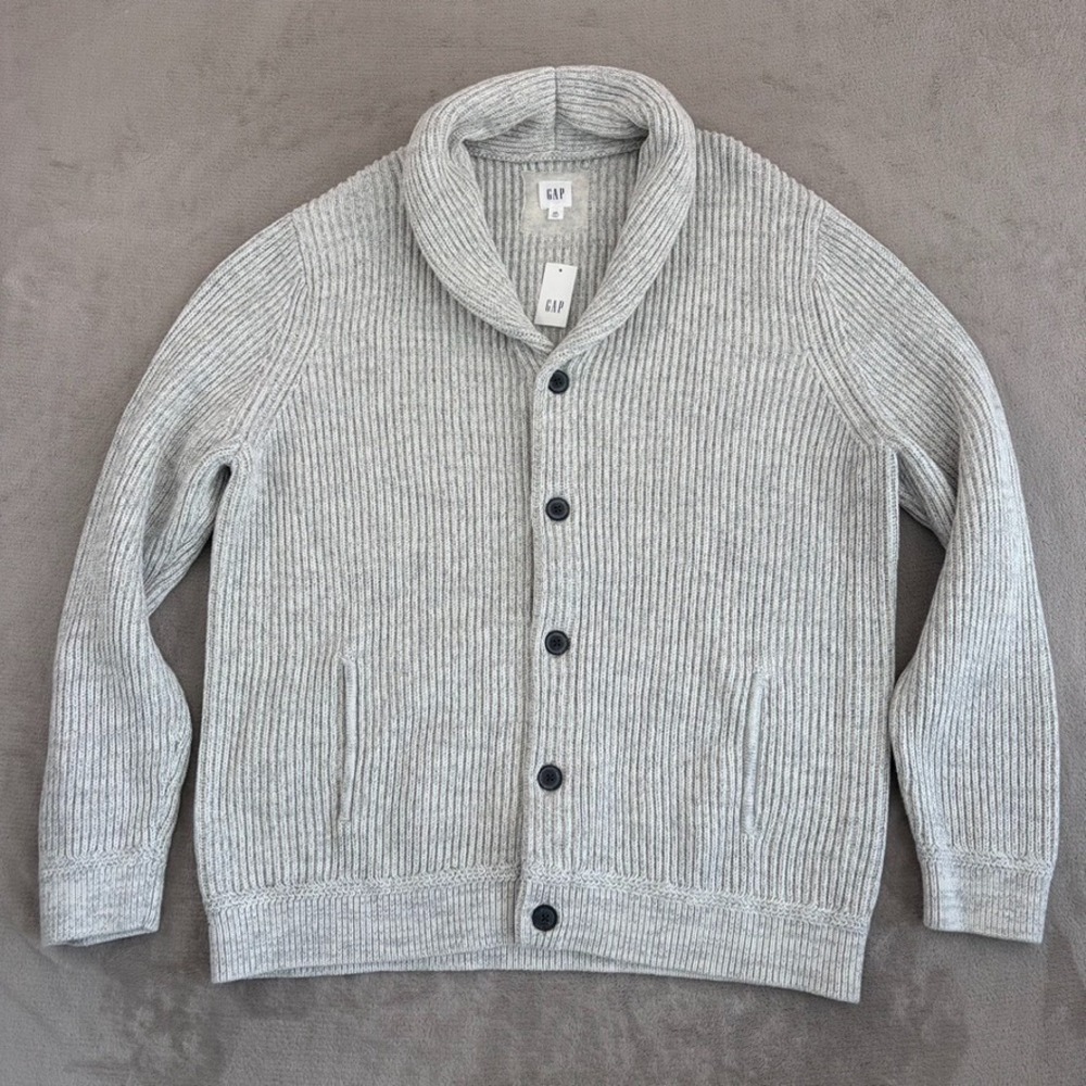 Gap Fisherman Cardigan Cable Knit Shawl Collar Men‎ 2XL Heather Grey Grandpa NWT